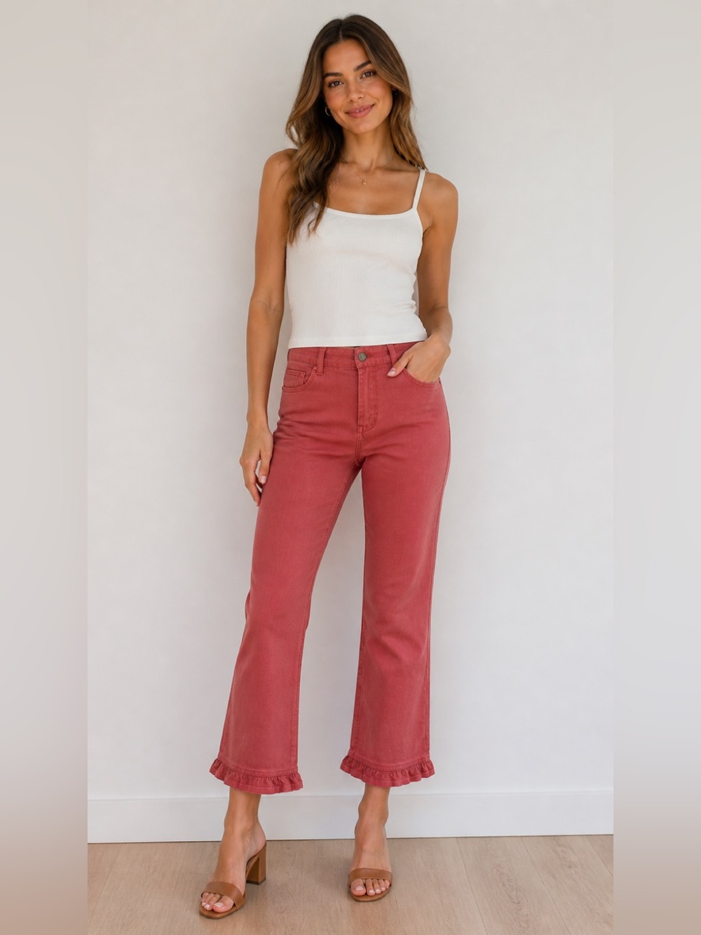 Coral Pink Capri Pants with Ruffle Hem